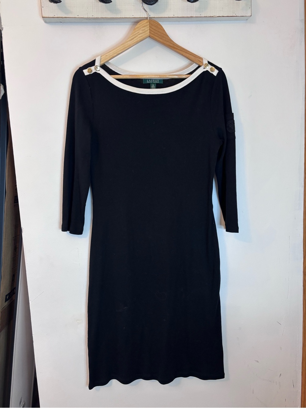Lauren Ralph Lauren Black Midi Boatneck Shirt Dress with Cream Trim